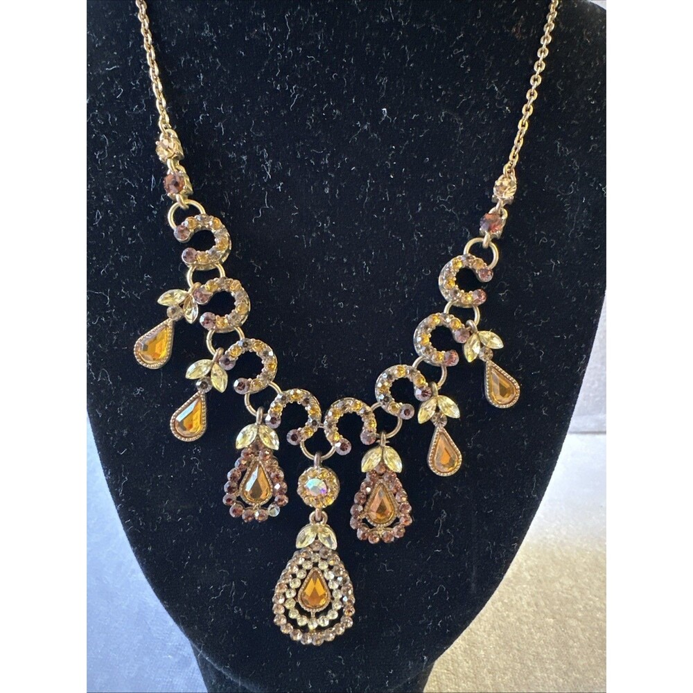 Chandelier Style Necklace Rhinestone Amber Colored Gold Tone Metal